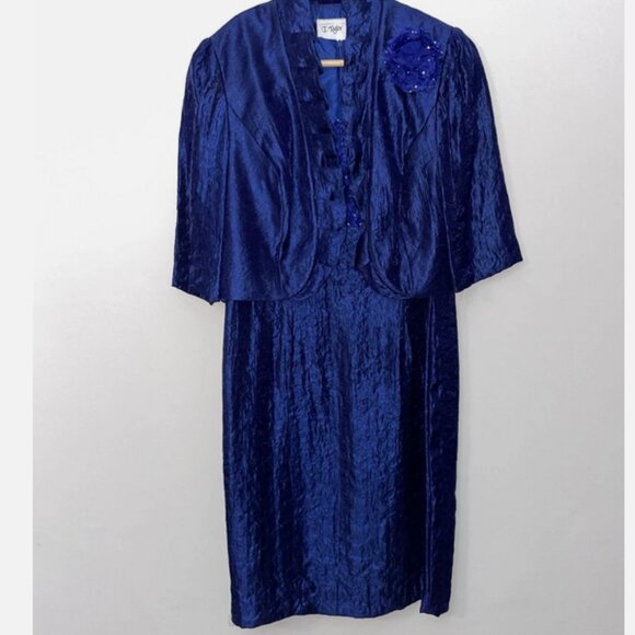 Vtg Y2K J. TAYLOR Cocktail Dress Blue Rhinestones &. Jacket Size 10 Lace - Picture 1 of 12